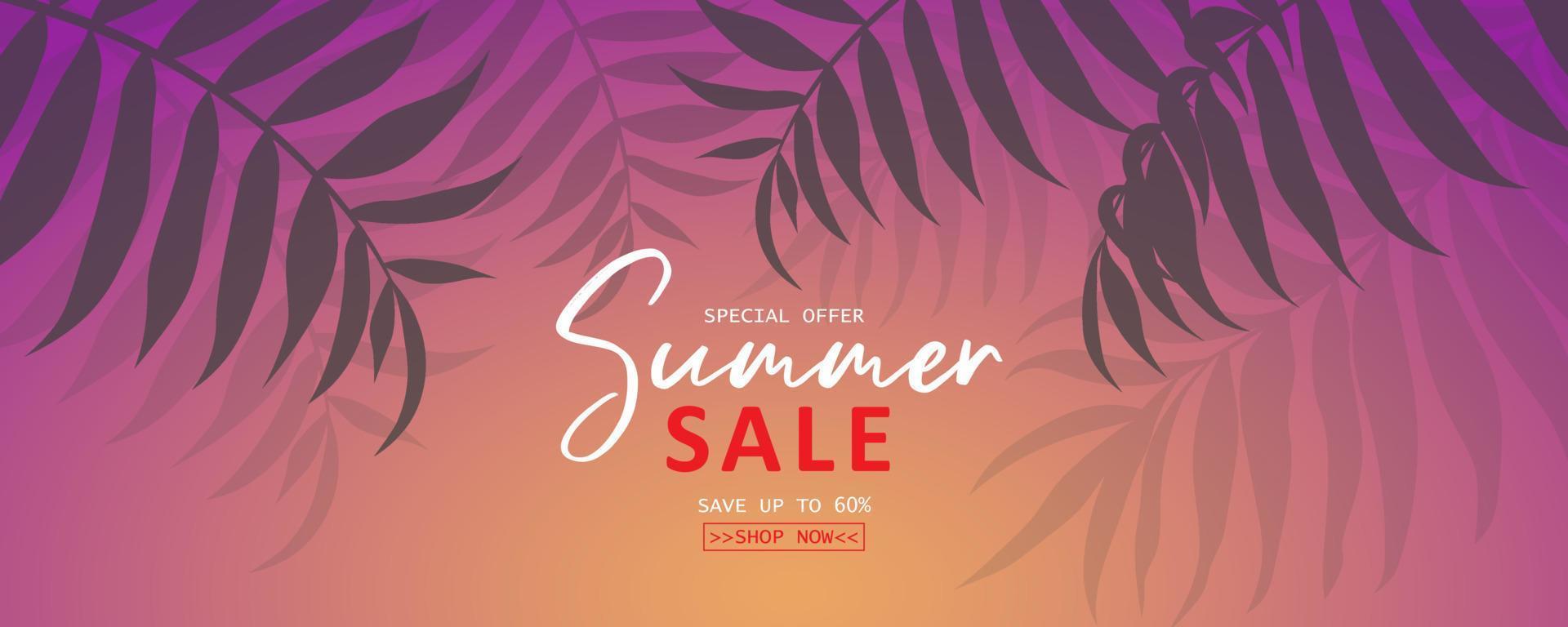 Summer sale banner design with tropical leaves background vector