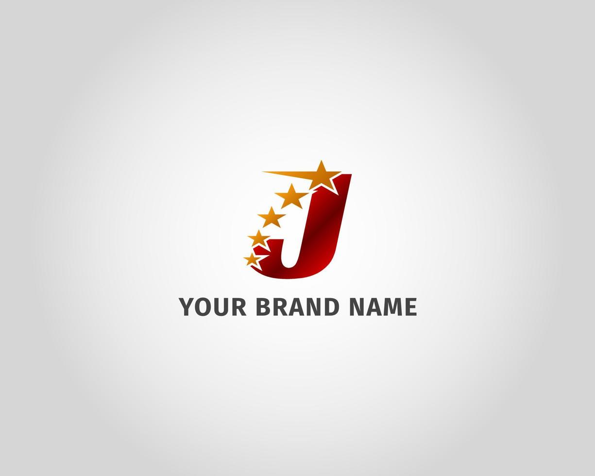 letter J red metallic with five golden star logo template vector