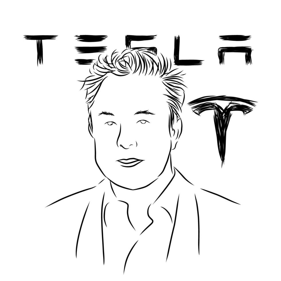 Elon Musk and Tesla line art doodle illustration vector