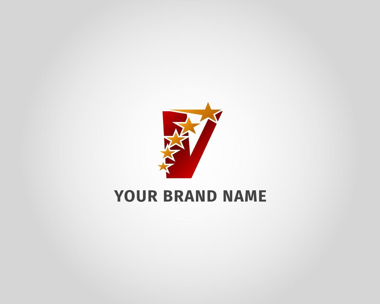 letter V red metallic with five golden star logo template vector