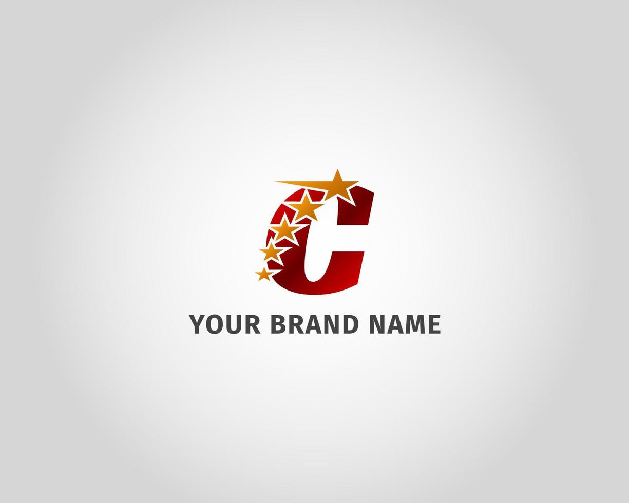 letter C red metallic with five golden star logo template vector