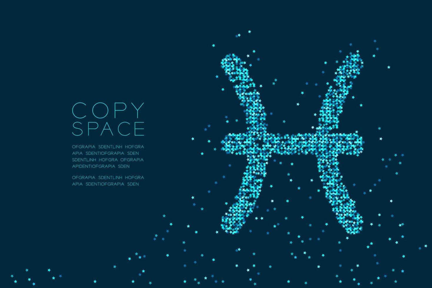 Abstract Star pattern Pisces Zodiac sign shape, star constellation concept design blue color illustration isolated on dark blue background with copy space, vector eps 10