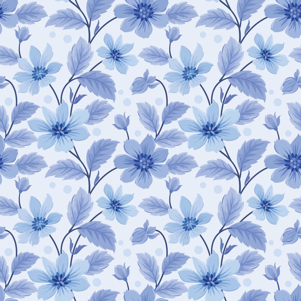 Monochrome blue flowers and leaves seamless pattern. vector