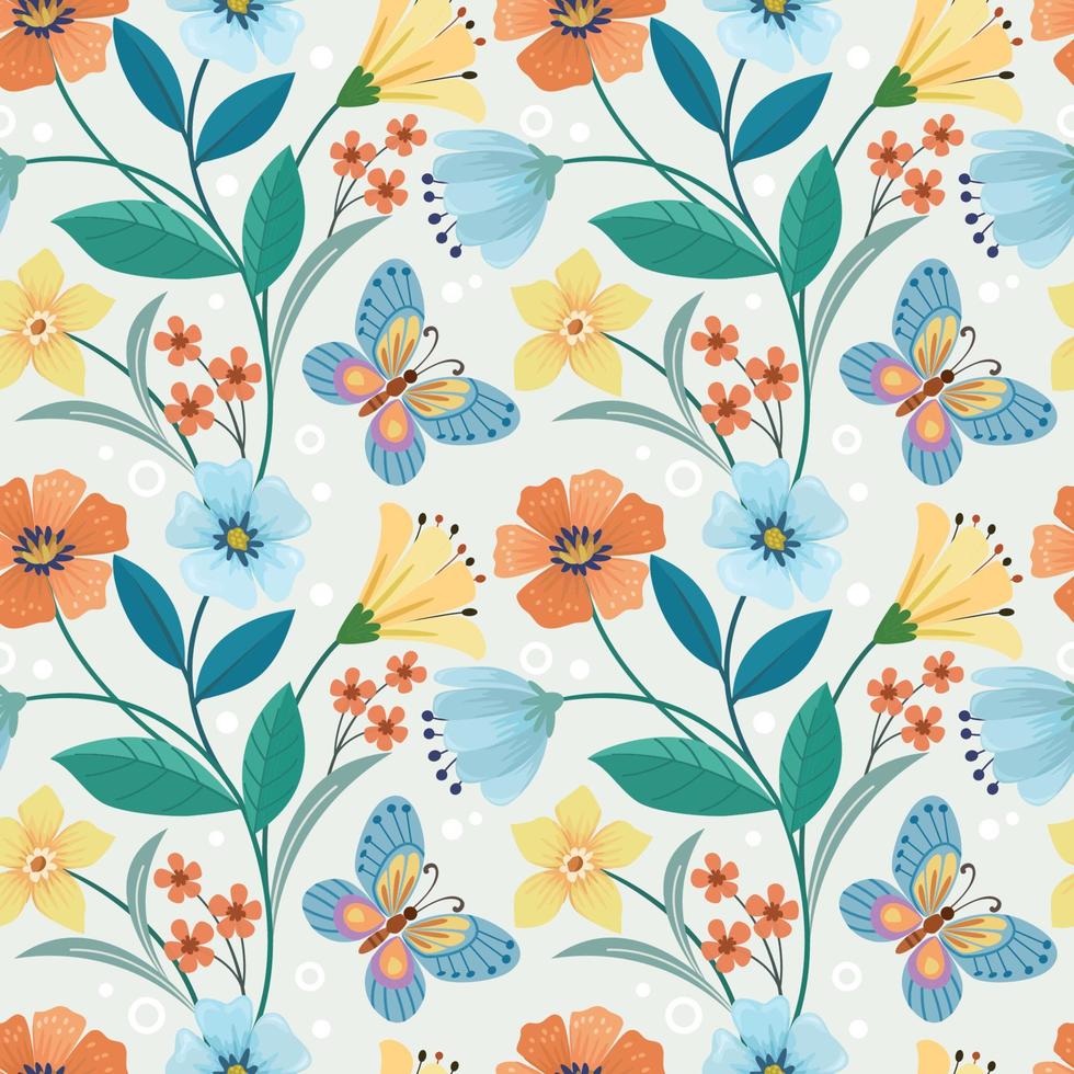 Colorful flowers and butterfly seamless pattern. vector