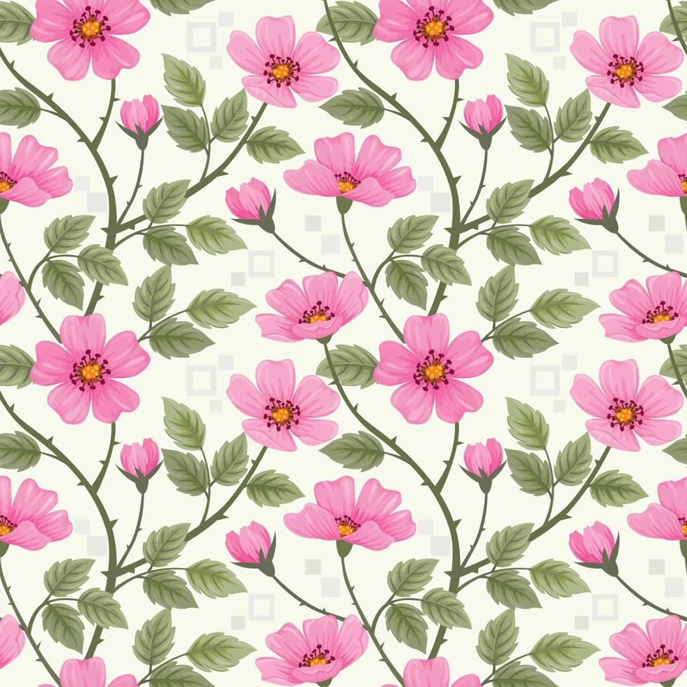 Pink wild rose flowers seamless pattern. vector