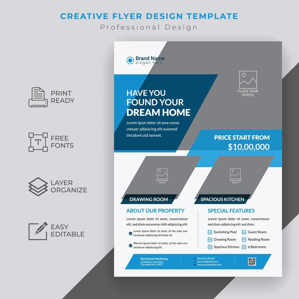 plantilla de diseño de volante de bienes raíces creativo moderno, plantilla de diseño de volante de venta de casa profesional vector