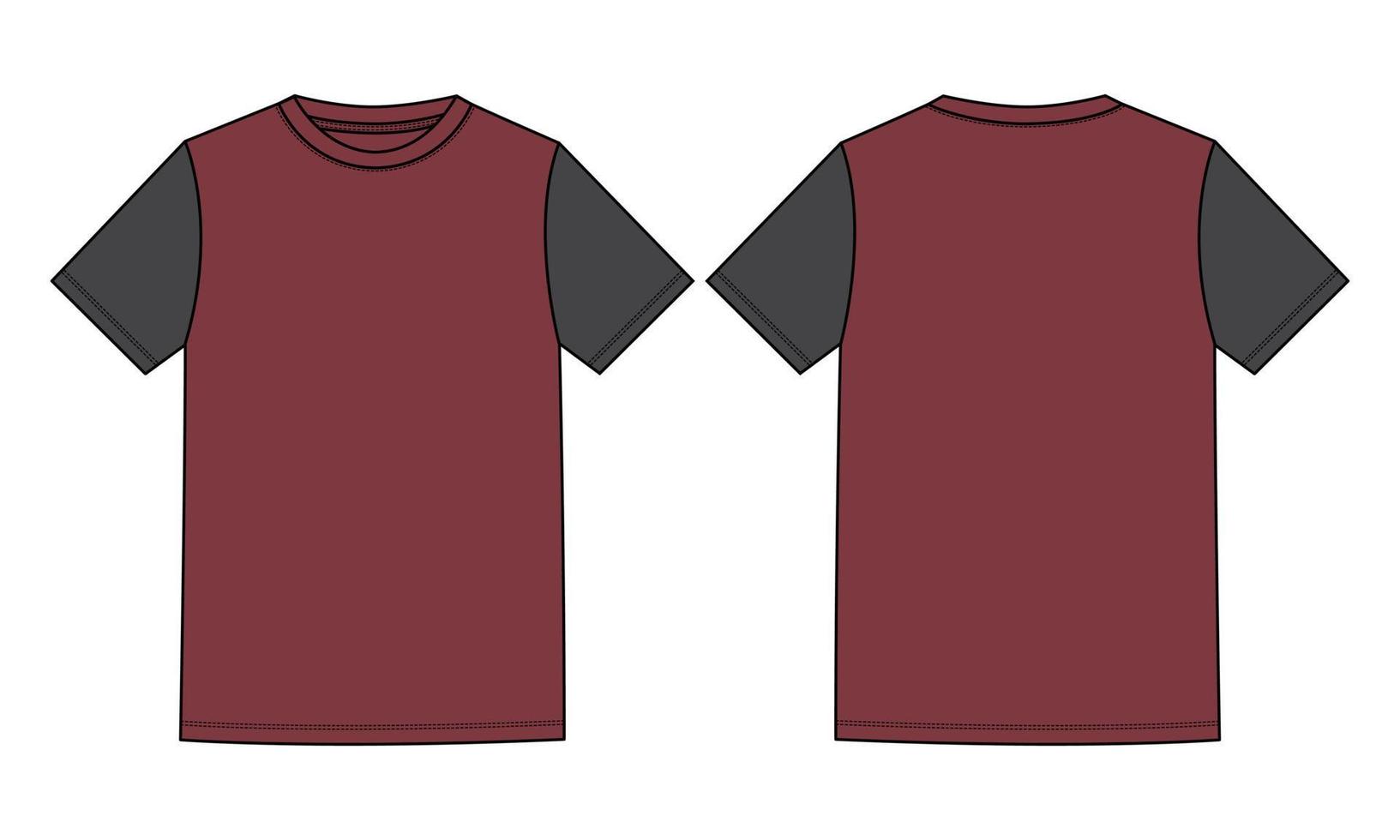 Two tone Deep Red and black  Color Short Sleeve Basic T shirt Technical Fashion Flat Sketch Vector Illustration Template Front and Back Views  Isolated on white Background.