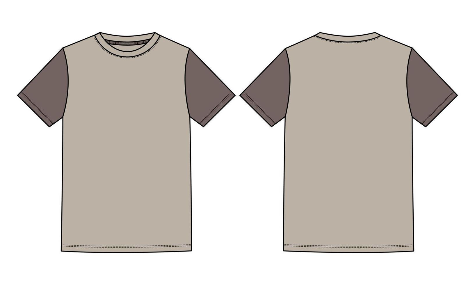 Two tone Khaki Color Regular fit short Sleeve basic T shirt Technical Fashion Flat sketch Vector Illustration Template Front, back views. Apparel design Mock up drawing illustration.