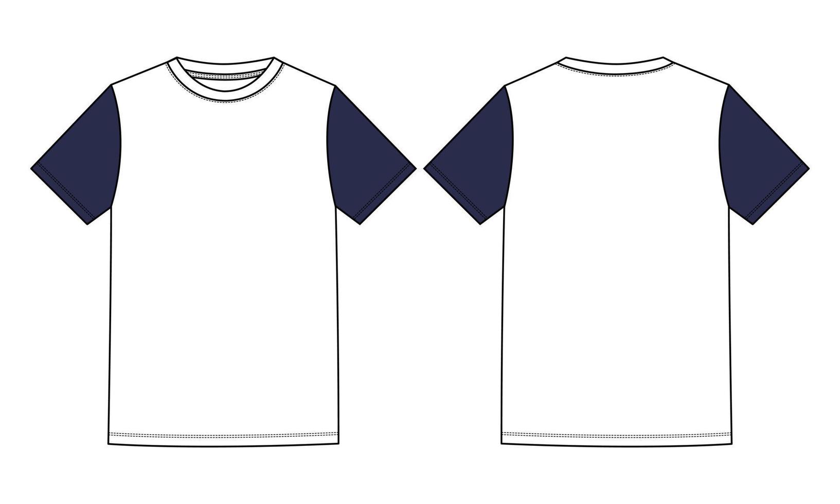 Two tone White and Navy Color Short Sleeve Basic T shirt Technical Fashion Flat Sketch Vector Illustration Template Front and Back Views  Isolated on white Background.