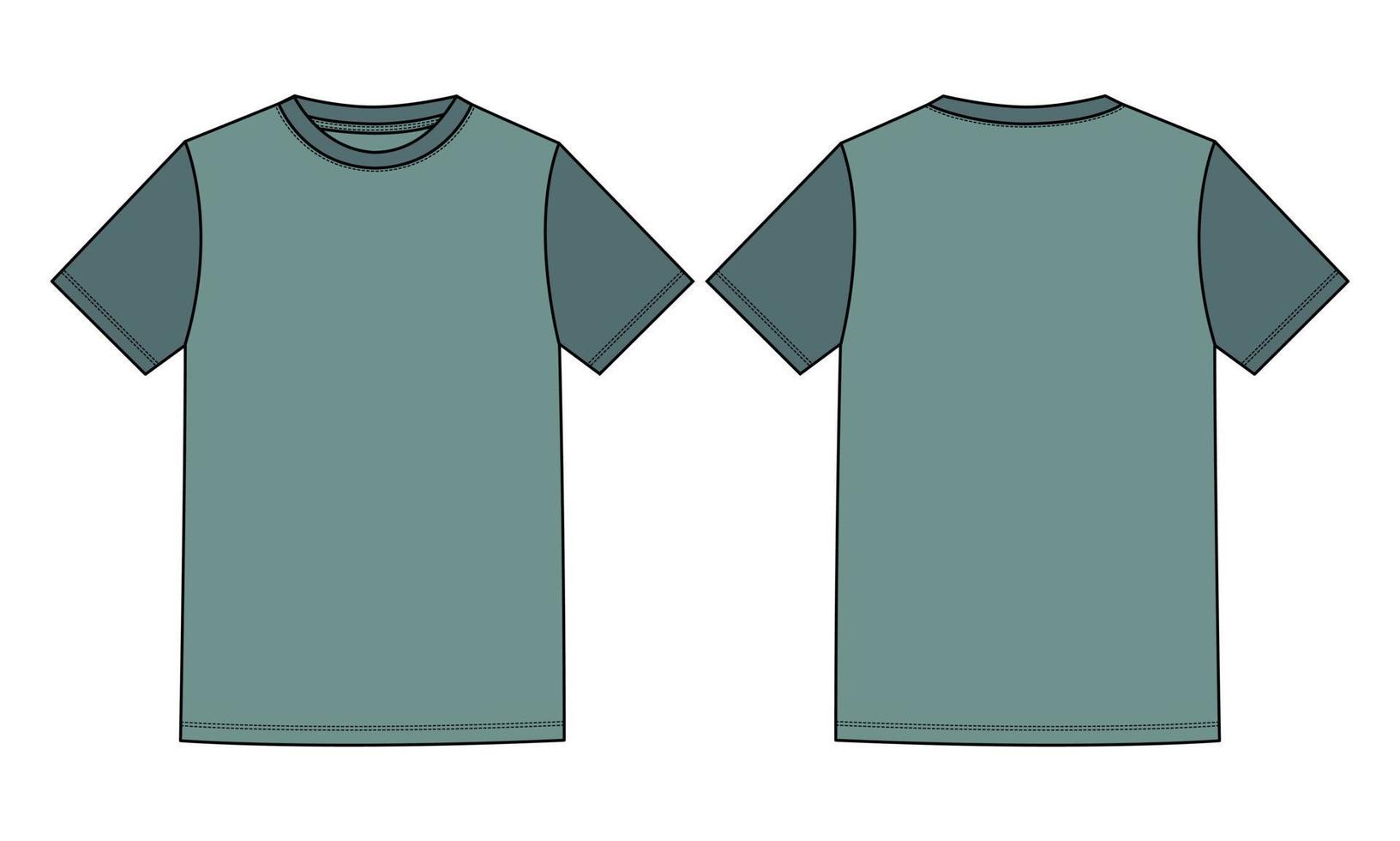 Two tone Green Color Regular fit short Sleeve basic T shirt Technical Fashion Flat sketch Vector Illustration Template Front, back views. Apparel design Mock up drawing illustration.