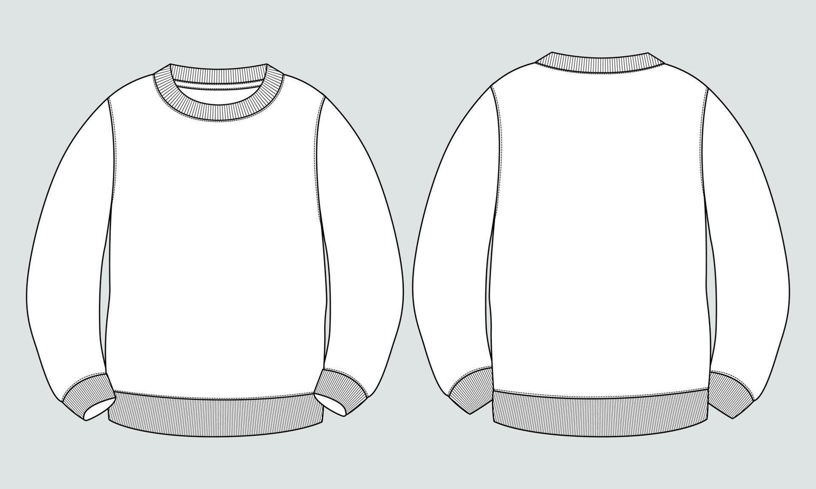 Round neck Long sleeve Sweatshirt overall fashion Flat Sketches technical drawing vector template For men's. Apparel dress design mockup CAD illustration. Sweater fashion design isolated on Grey.