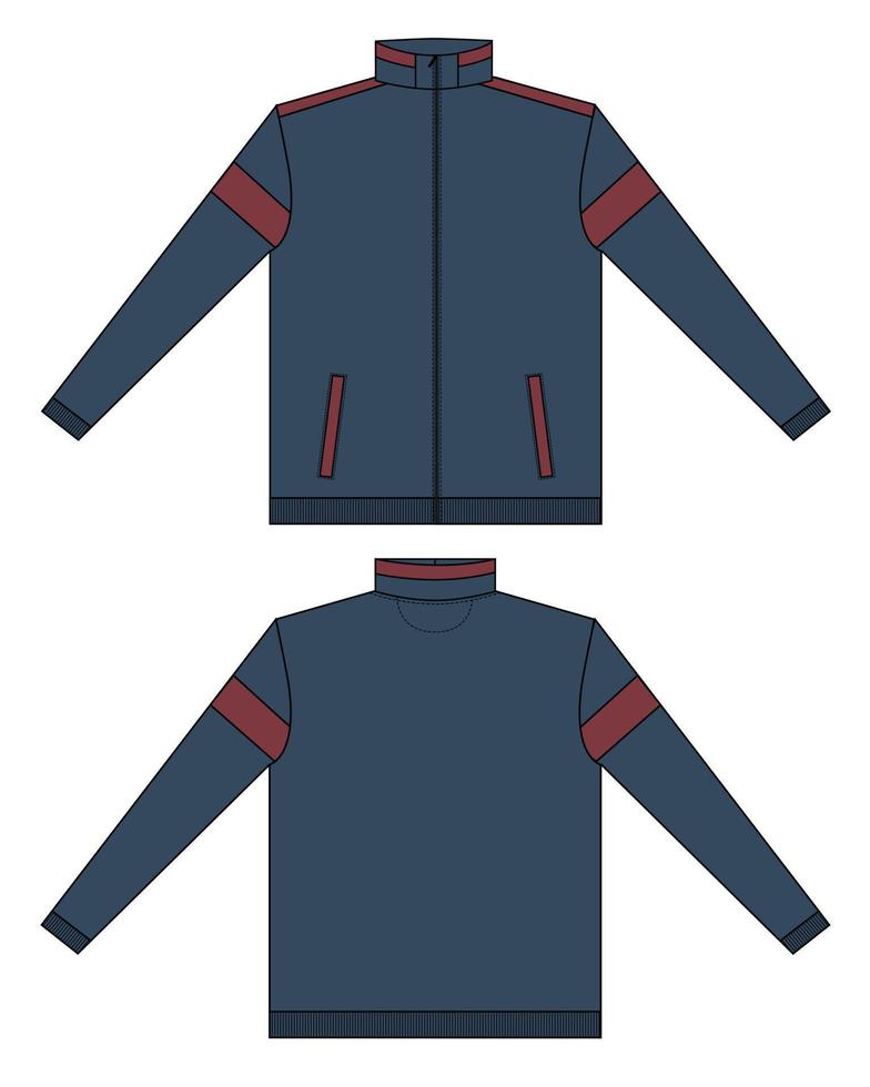 Long sleeve with zip jacket overall technical fashion Flat sketch Vector illustration template Front, back views. Apparel Sweater Navy blue Color Jacket mock up CAD. Easy edit and customizable.