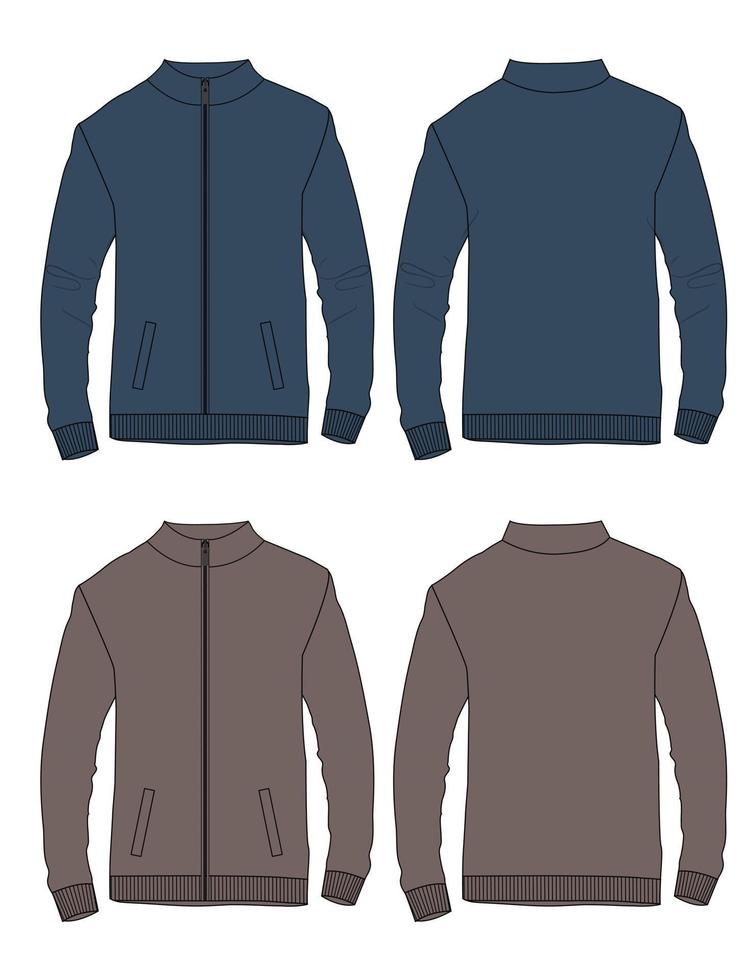 Slim fit with Long sleeve and zipper jacket overall fashion technical flat sketch vector template in windcheater front and back view. Apparel Jacket Flat drawing vector Navy Blue, Khaki Color mock up