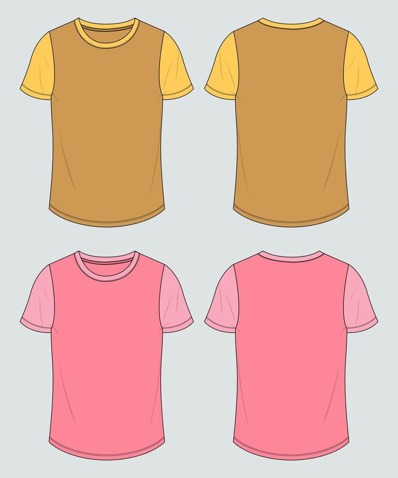 camiseta de manga corta de dos tonos de color tops plantilla de ilustración de vector de boceto plano de moda técnica para damas. ropa diseño de ropa maqueta cad.