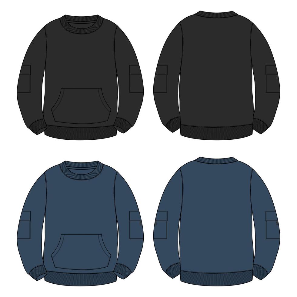 sudadera de manga larga con plantilla de dibujo de ilustración de vector de boceto plano de moda técnica de bolsillo para hombres. ropa vestido diseño suéter negro, color azul marino maqueta cad.