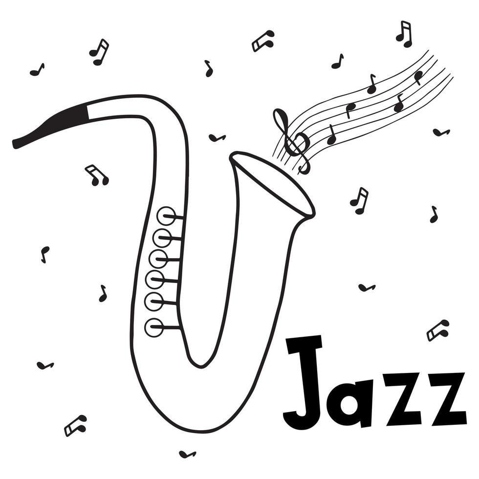 Musical saxophone handmade. Doodle sketch style. Line drawing simple icon of jazz saxophone. Jazz music poster.Isolated vector illustration.