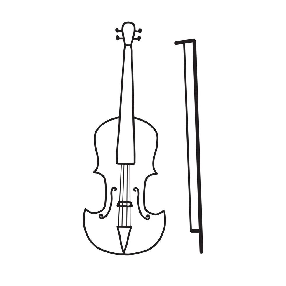 Vector illustration of a violin with a bow in doodle style. Violin on a white background. Violin icon.