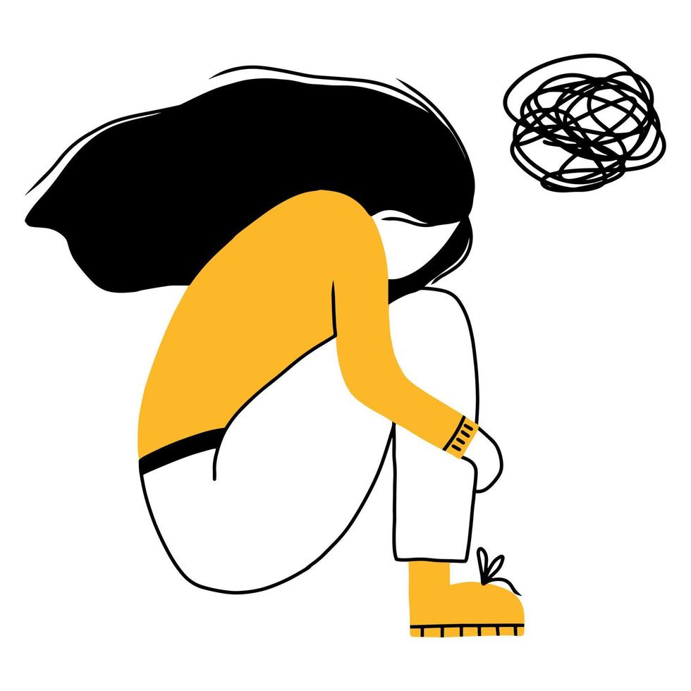 mujer deprimida con pensamientos confusos en la cabeza. una joven triste se sienta y es infeliz, abrazándose las rodillas. depresión concept.vector ilustración en estilo doodle. vector