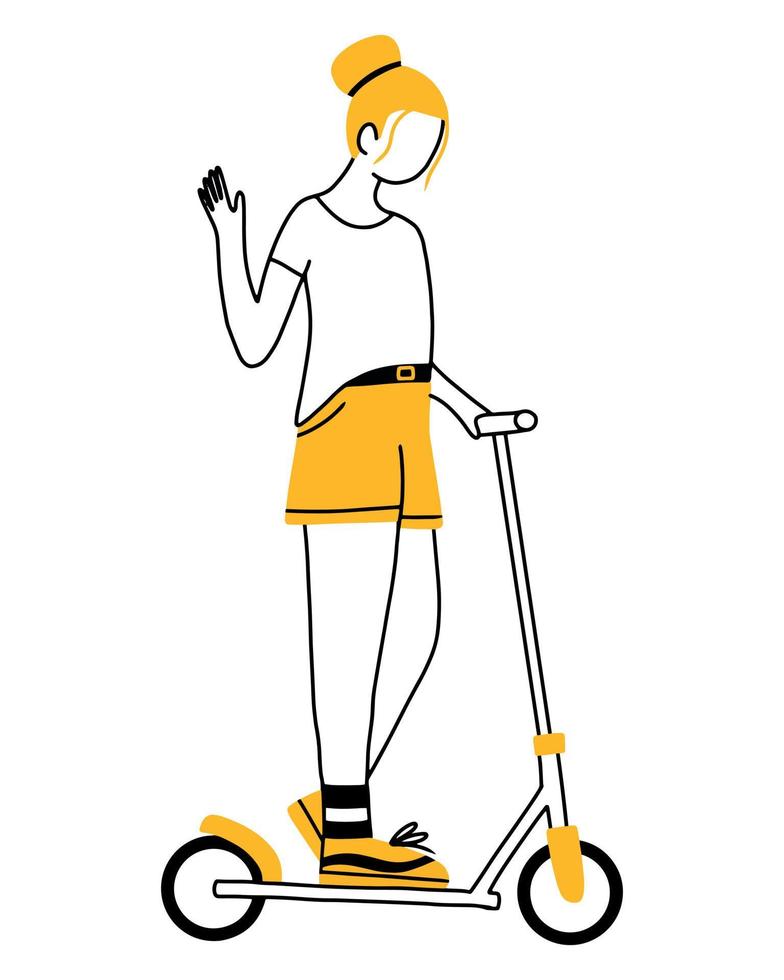 la niña monta un scooter. ilustración vectorial en estilo doodle. transporte ecológico. andar en scooter. vector