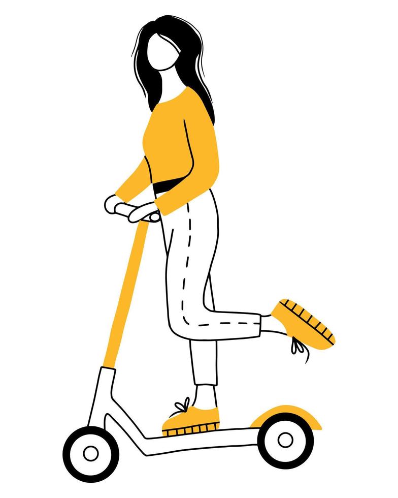 la niña monta un scooter. ilustración vectorial en estilo doodle. transporte ecológico. andar en scooter. vector