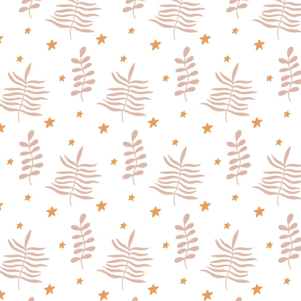 Vector pattern with pastel leaves in boho style. Children's hand-drawn pattern with leaves and stars. Children's boho style.
