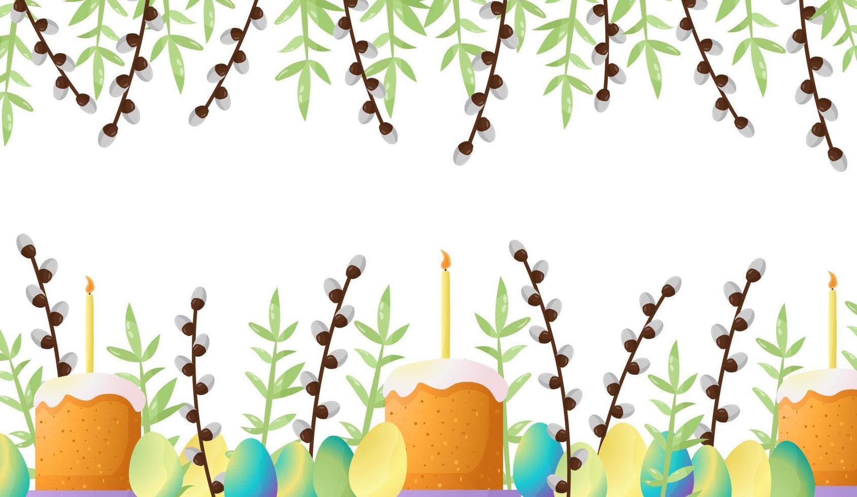Easter vector background for the design and decoration of a happy Easter holiday. Basket with egg, candles, willow bouquet, foliage, cakes. Easter celebration. Simple cute elements in delicate shades.