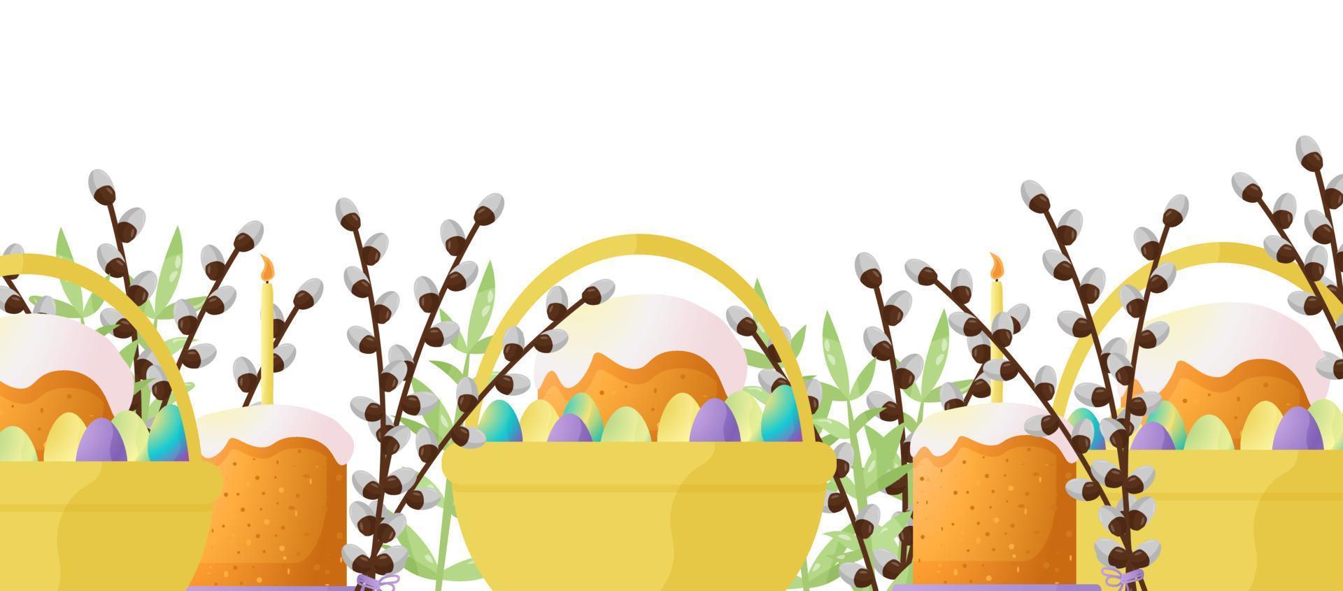 Easter vector background for the design and decoration of a happy Easter holiday. Basket with egg, candles, willow bouquet, foliage, cakes. Easter celebration. Simple cute elements in delicate shades.