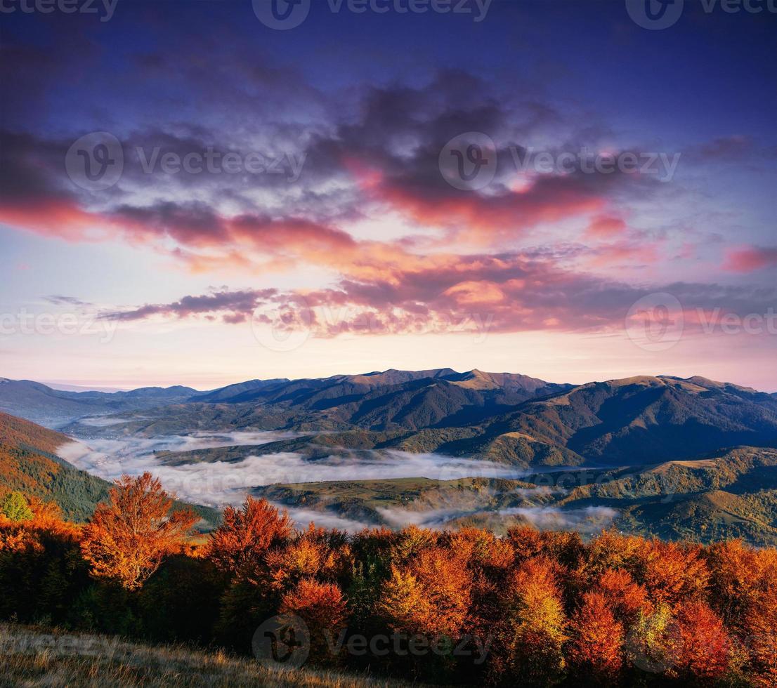 View of misty fog mountains in autumn, Carpathians. Ukraine. Eur photo