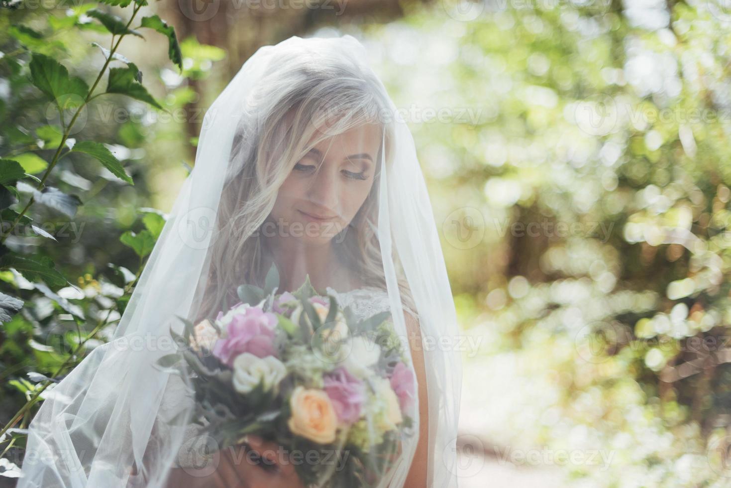 Portrait of a happy bride posing with veil photo
