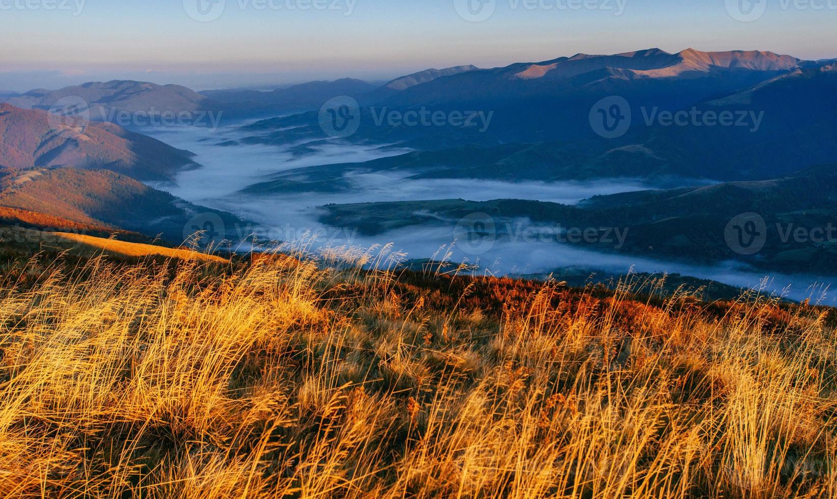 The picturesque landscape. Fog in the mountains in autumn photo