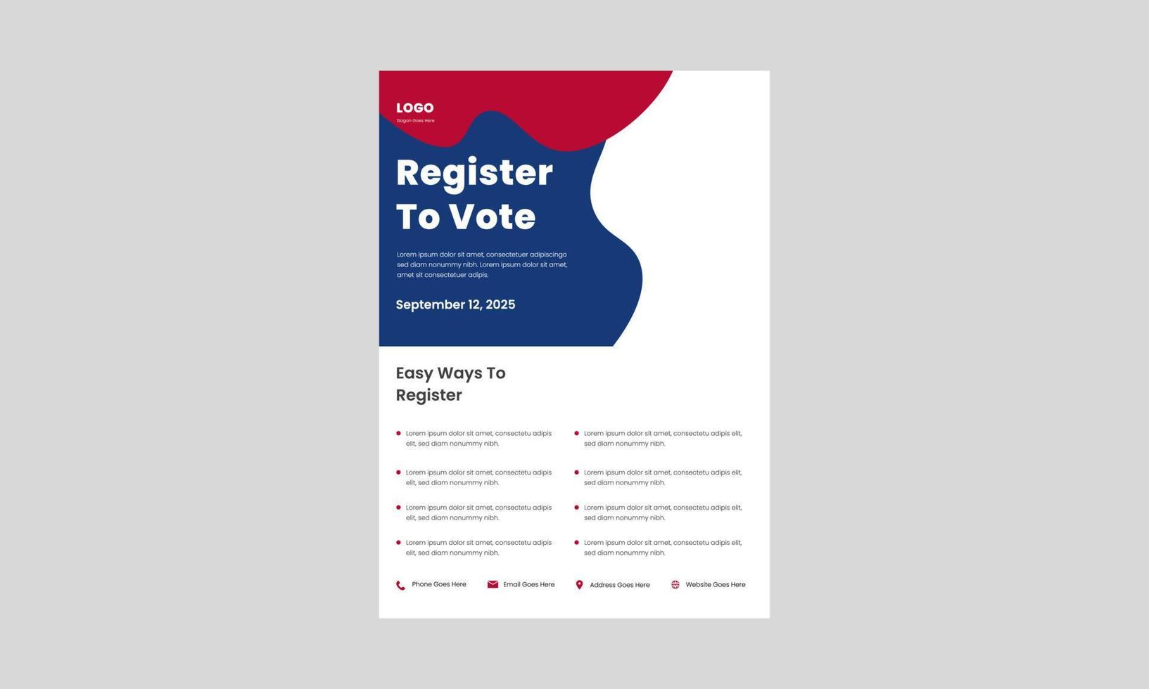 plantilla de diseño de volante de registro de votantes. forma fácil de registrarse para el afiche de votación, diseño de folletos. regístrese y vote plantilla de diseño de volante. vector