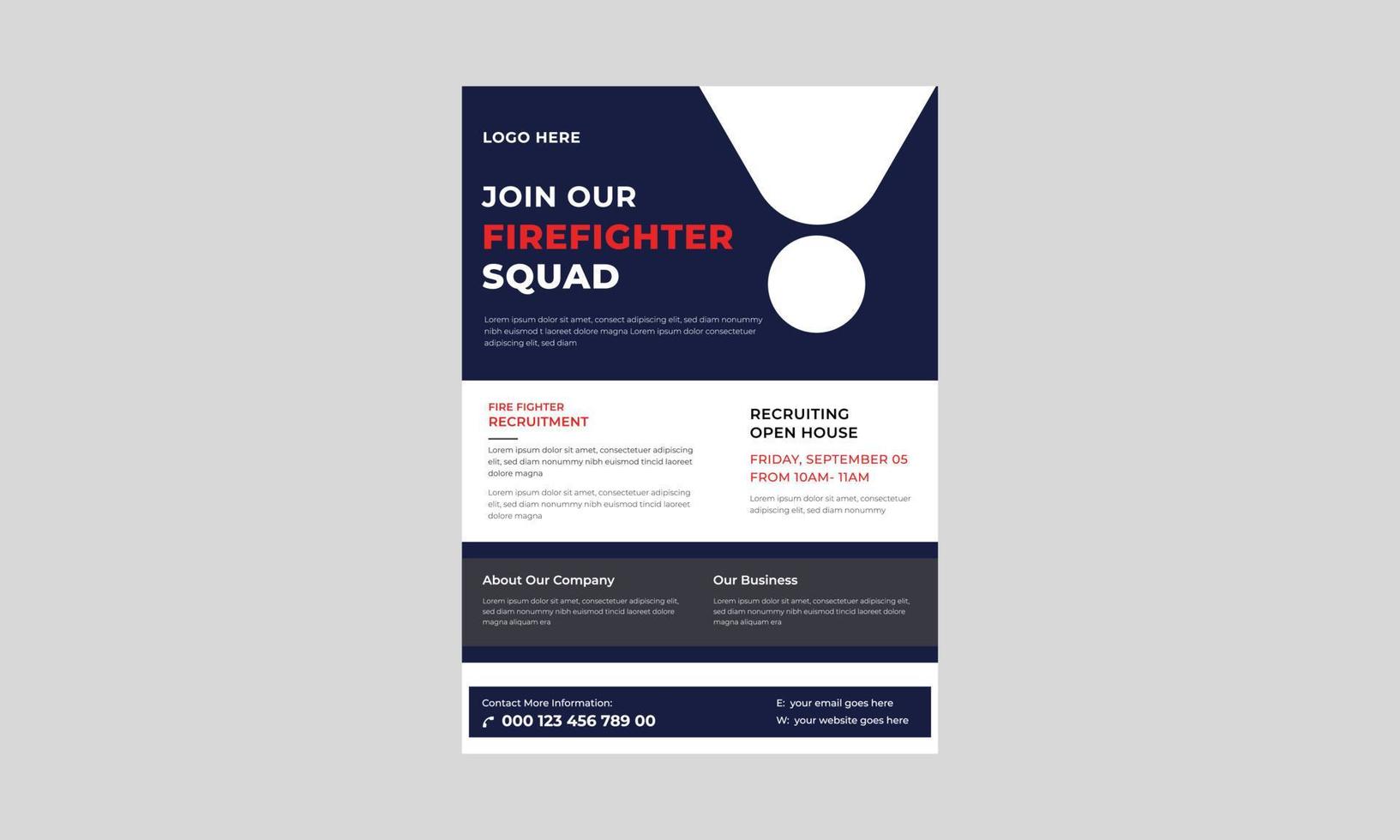 Firefighter recruitment flyer template, Fire safety banner design, Firefighting rescue and protection professional firefighters poster template. vector