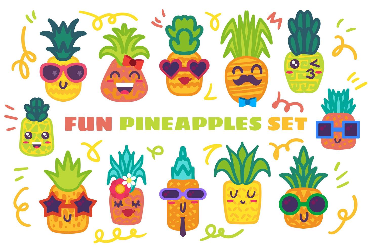 Funny pineapple hand drawn stickers set vector