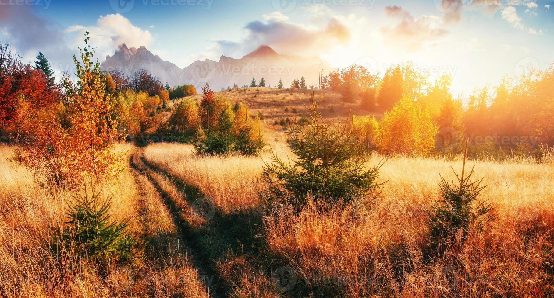 Fantastic autumn mountain landscape. Orange during the event photo