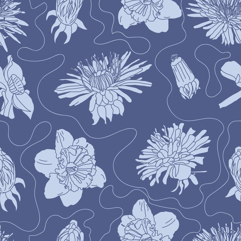 Big Bloom Vintage Line Art Seamless Floral Pattern vector