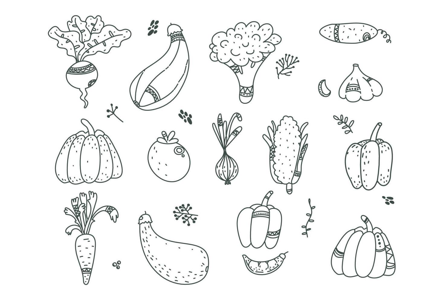 linda línea de garabatos con verduras, zanahoria, ajo, cebolla, calabaza, calabacín, remolacha, pimiento, tomate, pepino. ilustración para diseño estacional, textil, decoración infantil o tarjeta de felicitación. vegano. cosecha vector