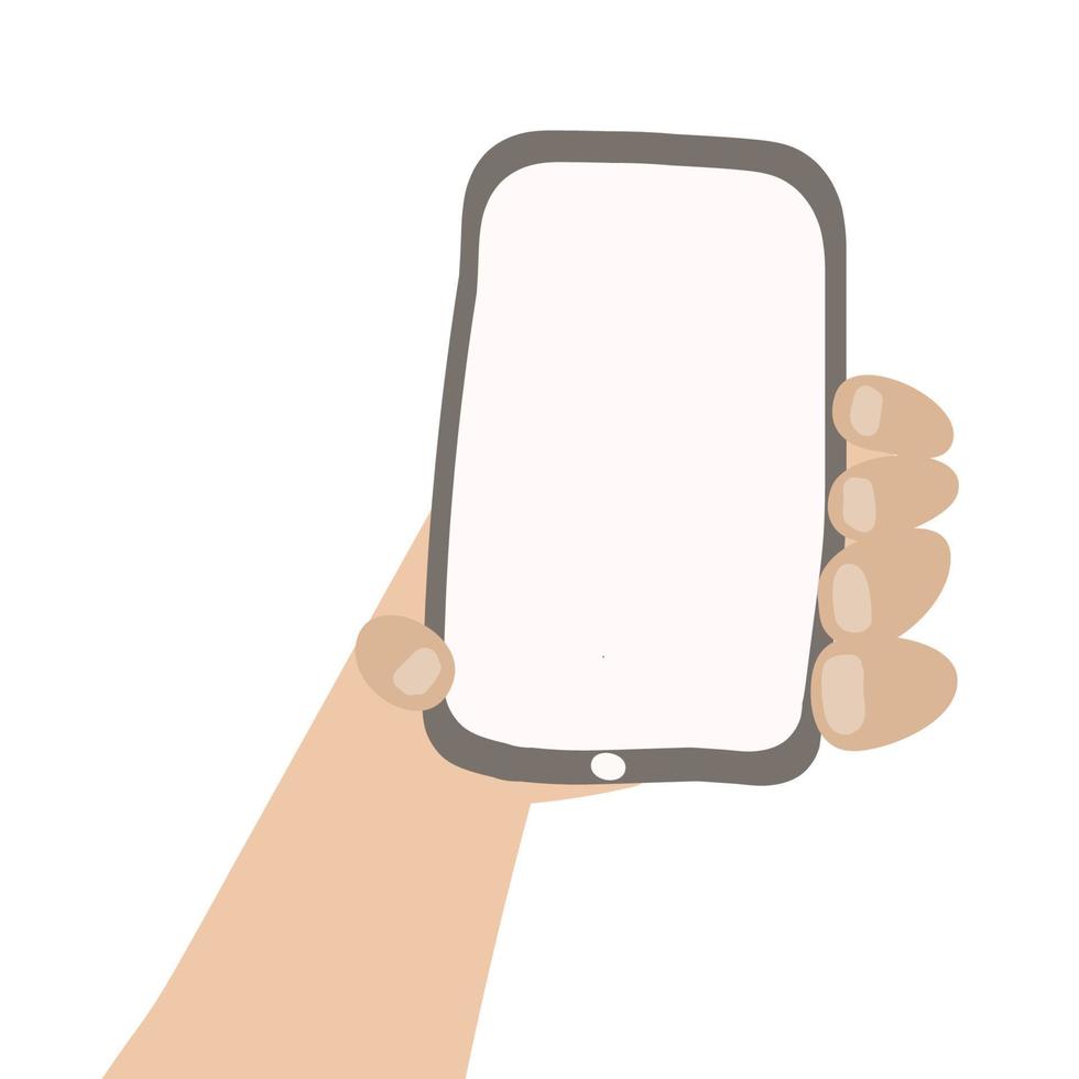 Human hand holding phone. Hand holding black bazelless smartphone and finger touch. Human, Man, Woman using mobile phone, Vector flat cartoon design concept.