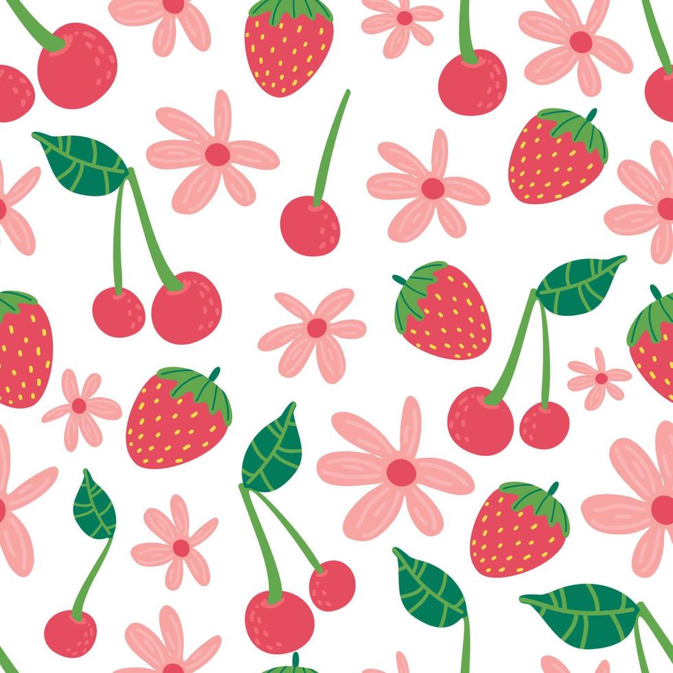 flores de fresa cereza patrón de vector transparente. repetición de fondo con frutas de verano. uso para tela, papel de regalo, embalaje.