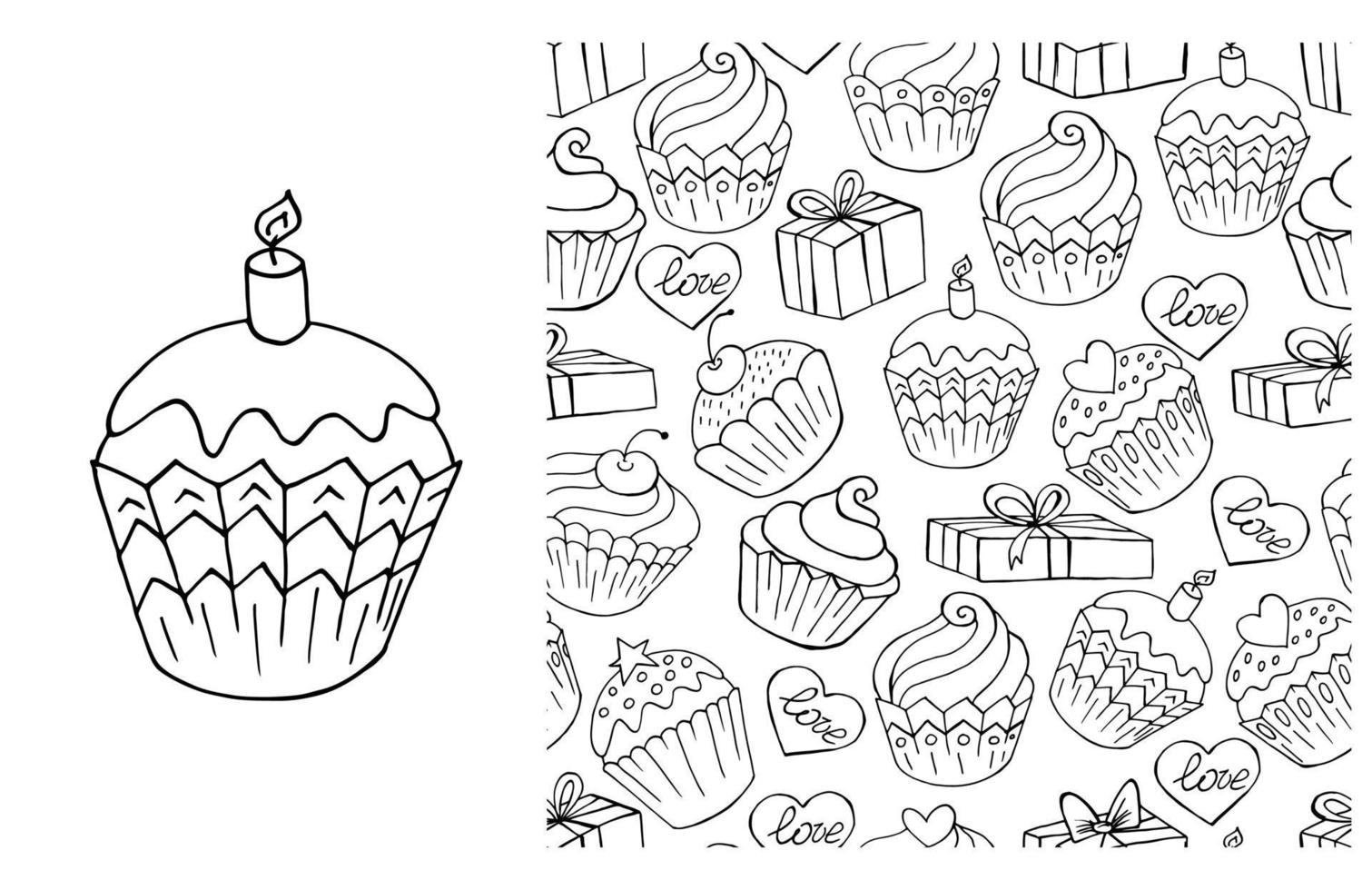 Coloring Cupcake. Set of element and seamless pattern vector