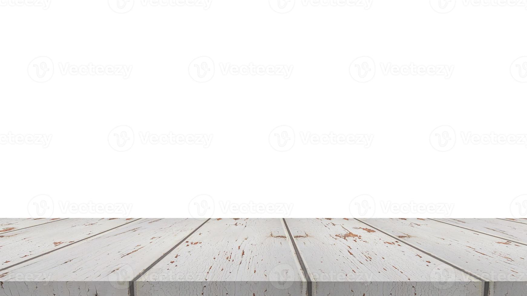 mesa de madera para exhibir o montar productos con fondo blanco en blanco. foto