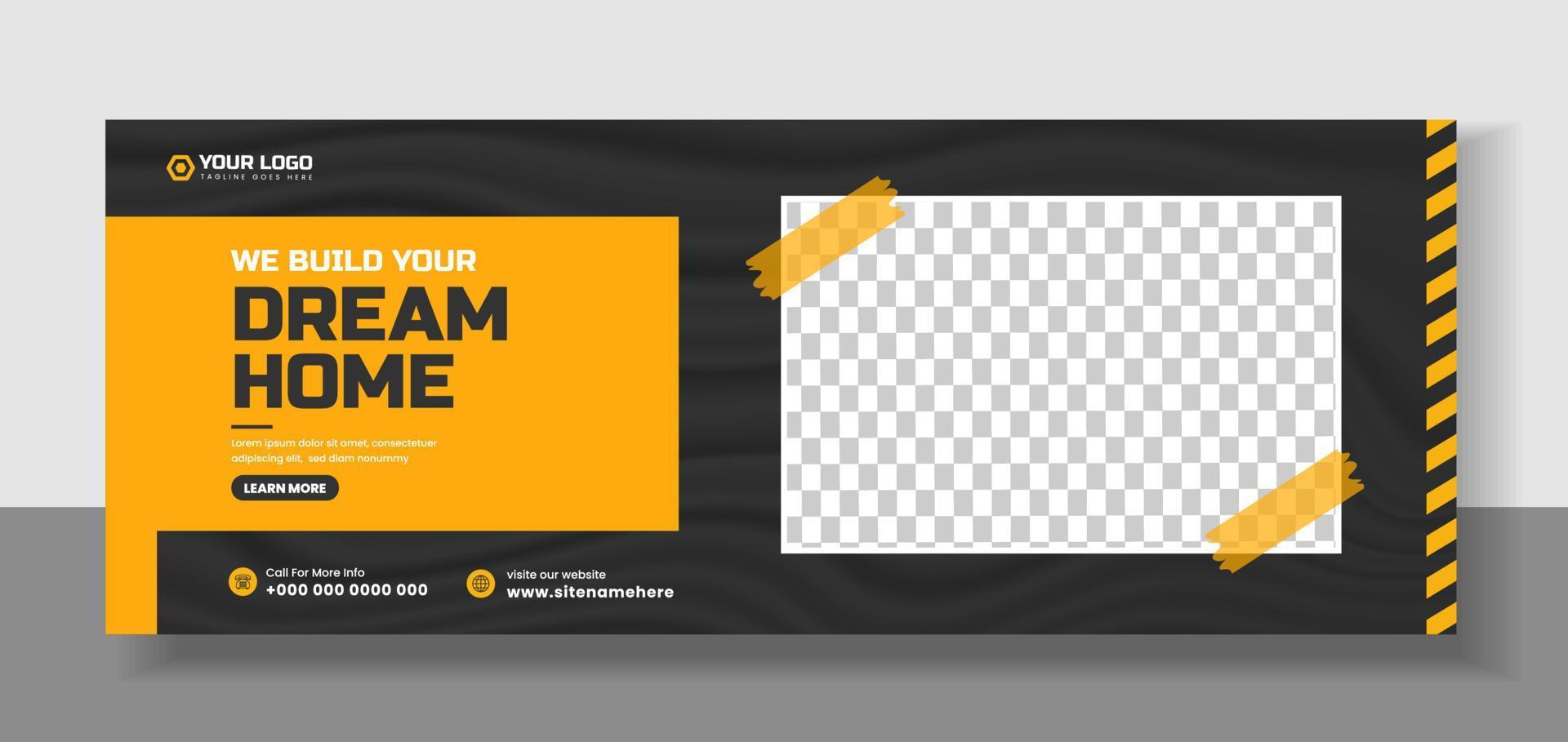 Home improvement and repair construction social media cover banner design template. Corporate construction tools social media Cover photo Template. Home improvement and repair construction web banner vector