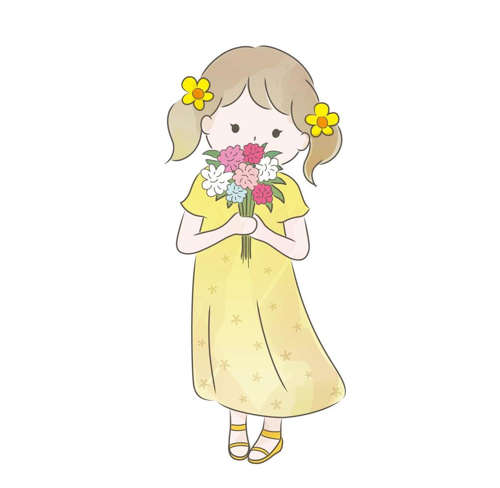 A Cute Girl Holding Bouquet Of Flowers. Vector Watercolor Illustration Isolated On A White Background.