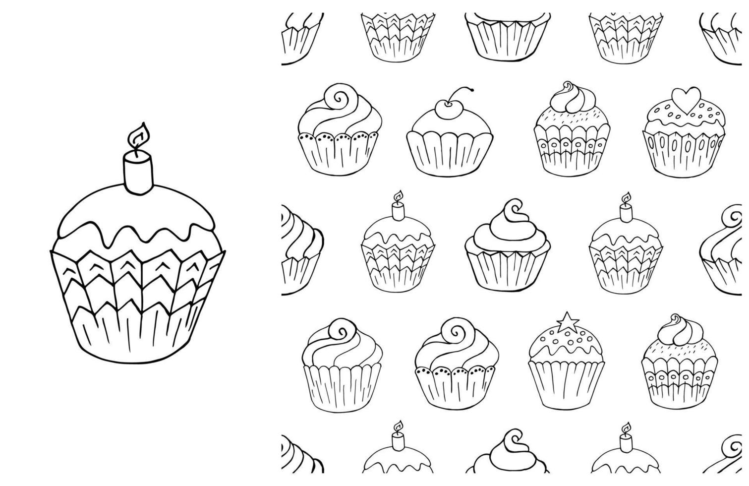 Coloring Cupcake. Set of element and seamless pattern vector