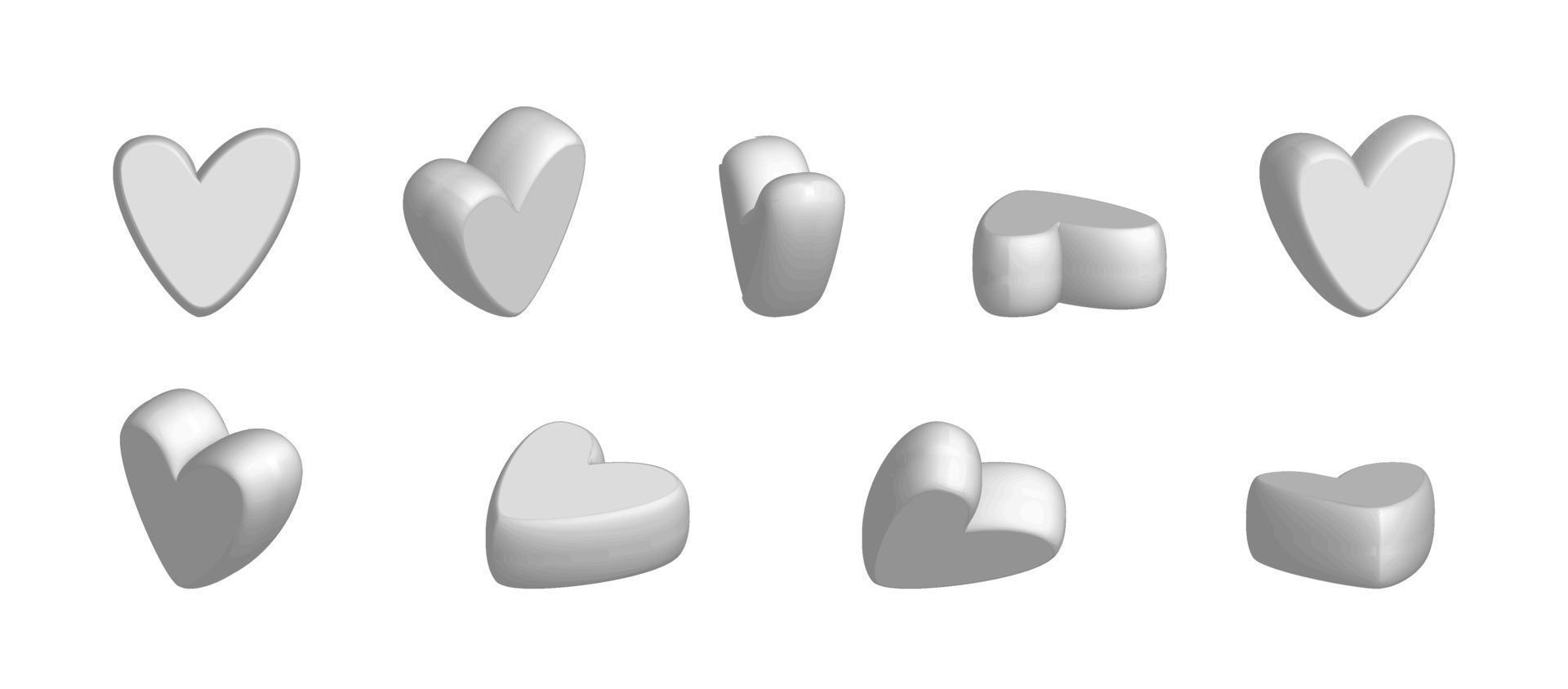 conjunto de iconos de corazones. símbolo de amor del día de san valentín, frente de icono de corazón 3d y vista de ángulo de giro. vector