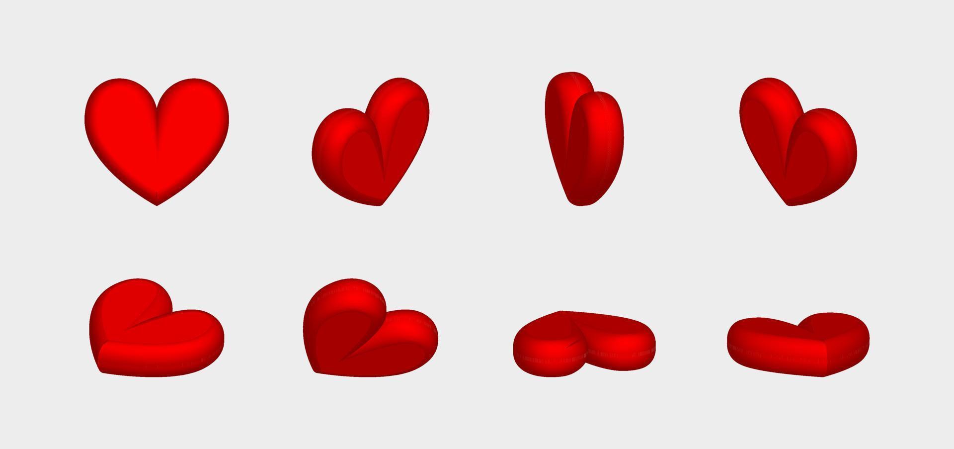 conjunto de iconos de corazones. símbolo de amor del día de san valentín, frente de icono de corazón 3d y vista de ángulo de giro. vector