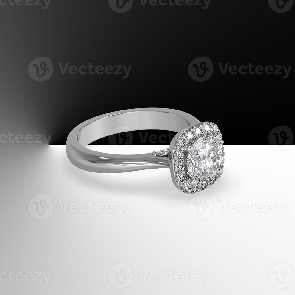 white gold halo engagement ring with round center stone and plain shank cathedral style 3d render photo