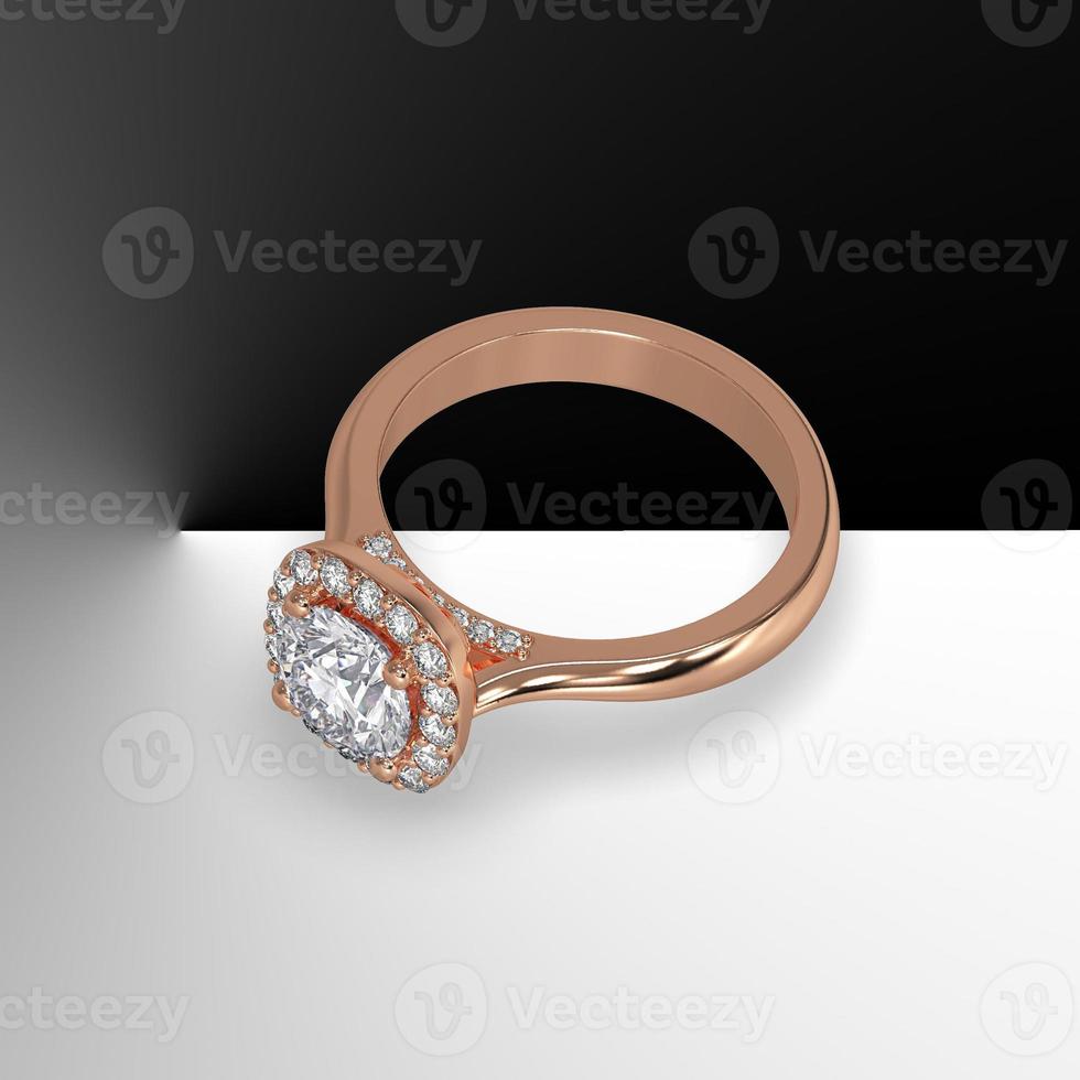 rose gold halo engagement ring with round center stone and plain shank cathedral style 3d render photo