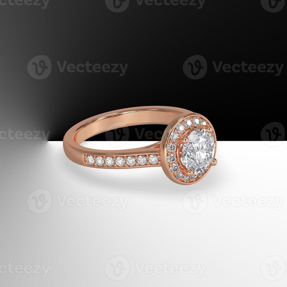 round diamond pave set halo with side pave set gems cathedral shank in rose gold 3d render photo