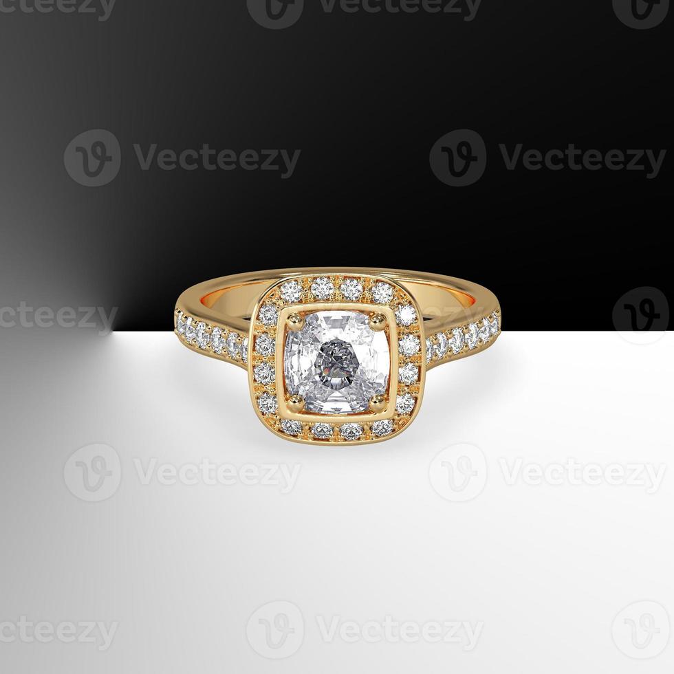 cushion cut center diamond with cathedral shank pave set stones 3d render photo