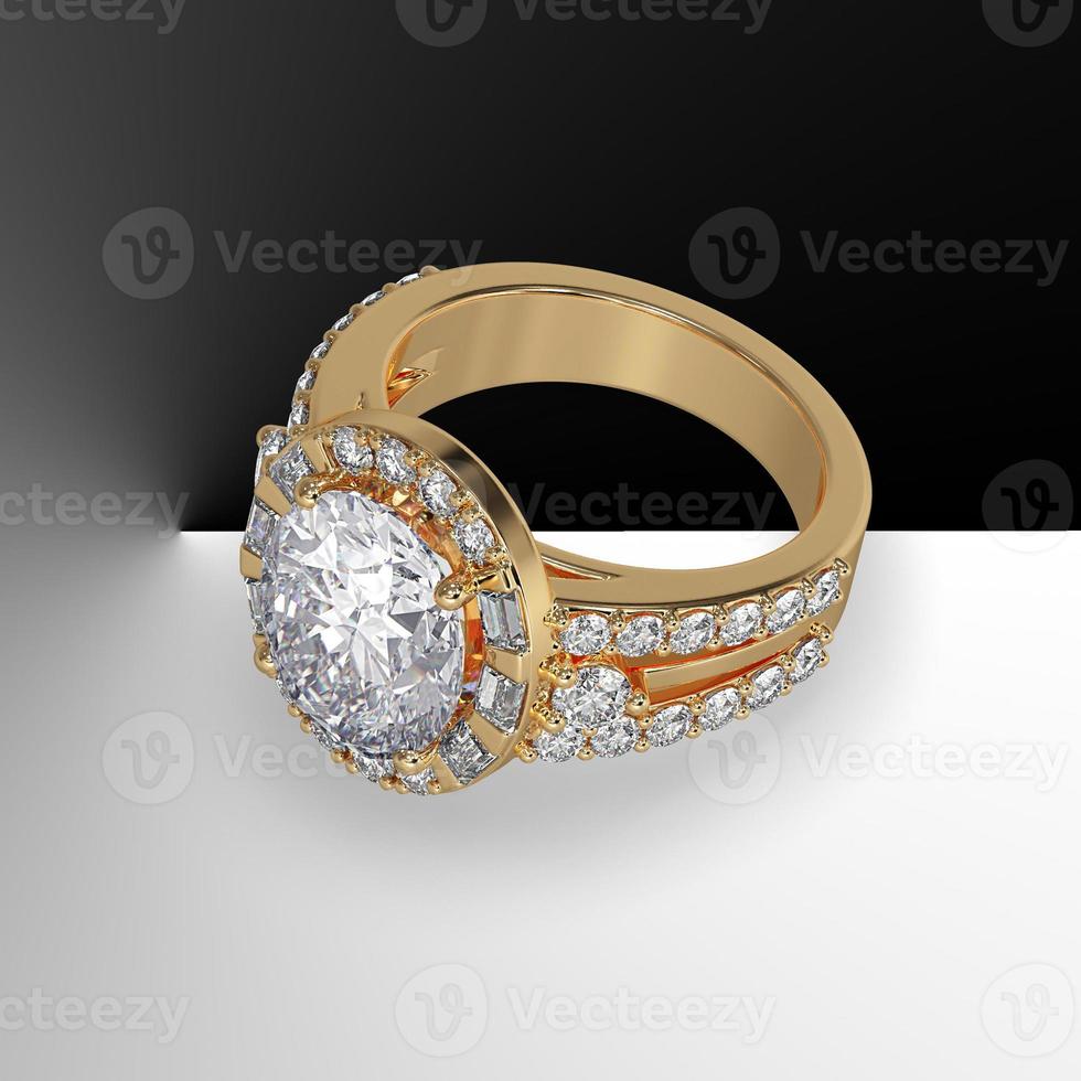 yellow gold halo engagement ring with oval center stone and side diamonds on split shank 3d render photo